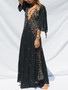 Beautiful Bohemia 3/4 Sleeve V-Neck Floral Black Maxi Dress