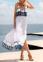 White Floral Print Side Slit Deep V-neck Spaghetti Straps Flowy Bohemian Maxi Dress