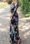 Black Floral Draped Round Neck 3/4 Sleeve Maxi Dress