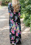 Black Floral Draped Round Neck 3/4 Sleeve Maxi Dress