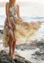 Yellow Floral Cross Back Irregular Ruffle Round Neck Maxi Dress