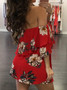 Red Off Shoulder Tie Waist Floral Print Mini Dress