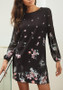 Casual Black Floral Print Round Neck Fashion Mini Dress