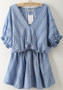 Casual Blue Floral Ruffle V-neck Elbow Sleeve Sweet Mini Dress