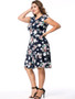 Casual Round Neck Floral Polka Dot Printed Plus Size Flared Dress