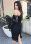 Black Lace Slit Off Shoulder Bell Sleeve Sweet Bodycon Party Midi Dress