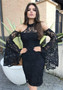 Black Lace Slit Off Shoulder Bell Sleeve Sweet Bodycon Party Midi Dress