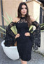 Black Lace Slit Off Shoulder Bell Sleeve Sweet Bodycon Party Midi Dress