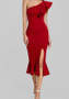 Red Ruffle Irregular Slit One Shoulder Mermaid Bodycon Elegant Prom Evening Party Midi Dress