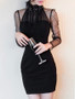 Casual Band Collar Patchwork See-Through Plain Bodycon Dress