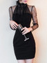 Casual Band Collar Patchwork See-Through Plain Bodycon Dress