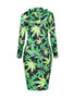 Hooded Drawstring Kangaroo Pocket Printed Bodycon Dress