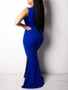 Royal Blue Patchwork Rhinestone Glitter Irregular Slit Deep V-neck Mermaid Elegant Party Maxi Dress