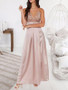 New Apricot Patchwork Sequin Cross Back Deep V-neck Sparkly Prom Evening Party Maxi Dress