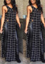 Black Plaid Shoulder-Strap Side Slit Flowy Casual Maxi Dress
