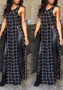 Black Plaid Shoulder-Strap Side Slit Flowy Casual Maxi Dress