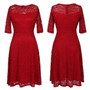 Red Patchwork Lace Zipper Round Neck Sweet Midi Dress