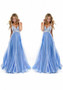 Blue Patchwork Lace Bridesmaid Prom Evening Party Plunging Neckline Chiffon Maxi Dress