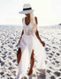 Casual White Plunge Lace Detail Ruffle Hem Cami Maxi Dress