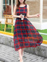 Casual Round Neck Plaid Chiffon Swing Maxi Dress