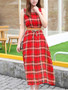 Casual Round Neck Plaid Chiffon Swing Maxi Dress