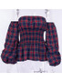 New Red-Blue Plaid Ruffle Off Shoulder Elastic Waist Long Lantern Sleeve Fashion Blouse