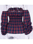 New Red-Blue Plaid Ruffle Off Shoulder Elastic Waist Long Lantern Sleeve Fashion Blouse