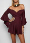 Burgundy Ruffle Off Shoulder Flare Sleeve High Waisted Short Jumpsuit