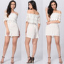 White Patchwork Lace Boat Neck Off Shoulder High Waisted Short Jumpsuit