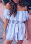 Light Blue Striped Ruffle Sashes Off Shoulder Casual Short Jumpsuit