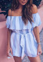 Light Blue Striped Ruffle Sashes Off Shoulder Casual Short Jumpsuit