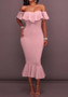 Pink Ruffle Off Draped shoulder Boat Neck Mermaid Short Sleeve Midi Dress