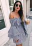 Black-White Striped Print Ruffle Backless Off Shoulder Bell Sleeve Sweet Mini Dress