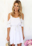 White Patchwork Lace Drawstring Off-The-Shoulder Short Sleeve Sweet leisure Boho Dress