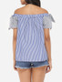 Casual Bowknot Off Shoulder Dacron Striped Short-sleeve-t-shirt
