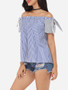 Casual Bowknot Off Shoulder Dacron Striped Short-sleeve-t-shirt