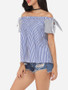 Casual Bowknot Off Shoulder Dacron Striped Short-sleeve-t-shirt