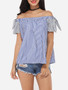 Casual Bowknot Off Shoulder Dacron Striped Short-sleeve-t-shirt