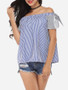 Casual Bowknot Off Shoulder Dacron Striped Short-sleeve-t-shirt