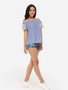 Casual Bowknot Off Shoulder Dacron Striped Short-sleeve-t-shirt