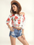 Casual Puff Sleeve Off Shoulder Floral Printed Exposed Navel Blouse