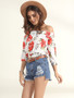 Casual Puff Sleeve Off Shoulder Floral Printed Exposed Navel Blouse