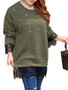 Casual Round Neck Beading Decorative Lace Bell Sleeve Plus Size T-Shirt