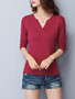 Casual Split Neck Basic Plain Plus Size T-Shirt