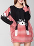 Casual Round Neck Cat Color Block Striped Plus Size T-Shirt