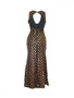 Casual Deep V-Neck High Slit Back Hole Glitter Plaid Plus Size Evening Dress