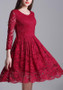 Red Draped Lace High Waisted Banquet Elegant Party Midi Dress