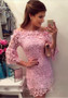 Casual Pink Patchwork Hollow-out Lace Boat Neck Mini Dress