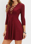 Casual Burgundy Plain Hollow-out Draped Lace-Up 3/4 Sleeve Mini Dress