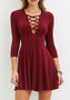 Casual Burgundy Plain Hollow-out Draped Lace-Up 3/4 Sleeve Mini Dress
